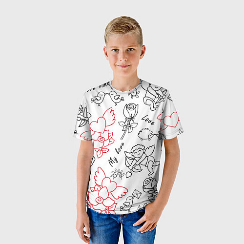 Детская футболка Летающие сердца купидоны розы на белом фоне / 3D-принт – фото 3