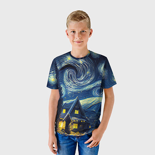 Детская футболка Новогодняя ночь - имитация Ван Гога / 3D-принт – фото 3