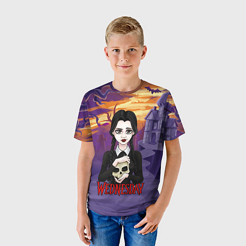 Детская футболка Уэнсдэй с черепом в руках / 3D-принт – фото 3