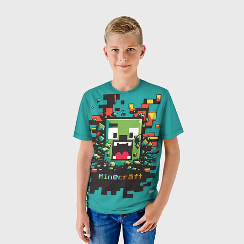 Детская футболка Крипер на фоне кубического взрыва / 3D-принт – фото 3