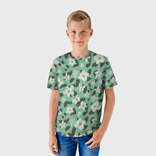 Детская футболка Абстрактные цветы на мятном фоне / 3D-принт – фото 3