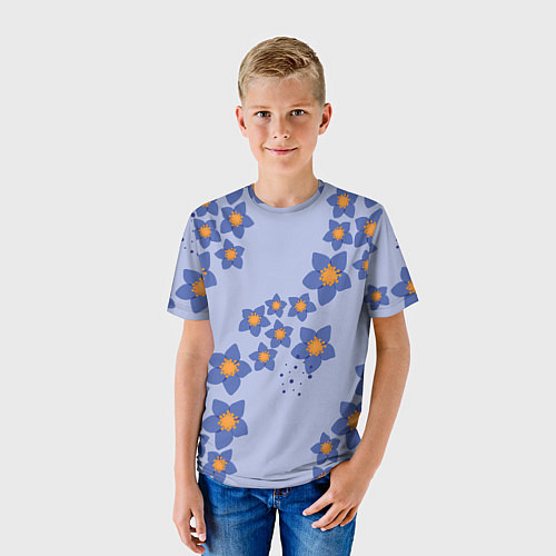 Детская футболка Узор из синих цветов на сиреневом фоне / 3D-принт – фото 3