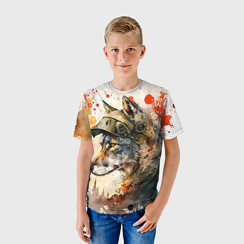 Детская футболка Акварельный волк солдат / 3D-принт – фото 3
