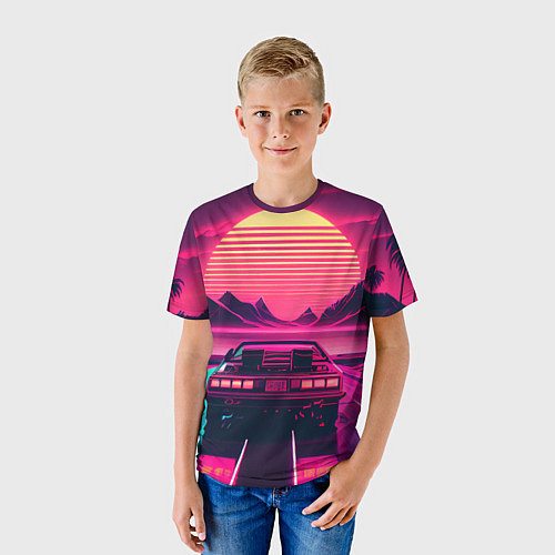 Детская футболка Синтвейв закат и автомобиль / 3D-принт – фото 3