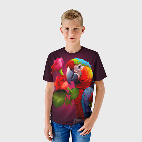 Детская футболка Попугай ара с цветами / 3D-принт – фото 3