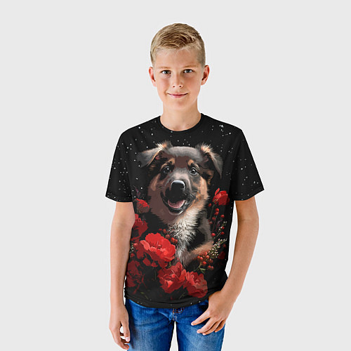 Детская футболка Щенок с красными розами / 3D-принт – фото 3