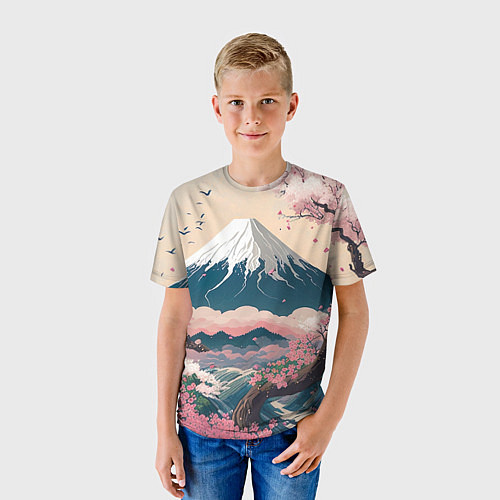 Детская футболка Японский пейзаж: цветение сакуры у горы Фудзияма / 3D-принт – фото 3