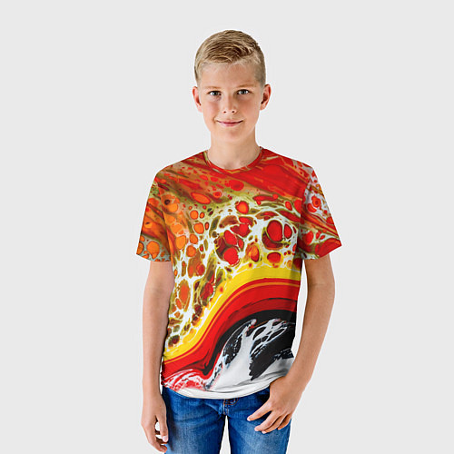 Детская футболка Брызги краски - красные, оранжевые разводы / 3D-принт – фото 3