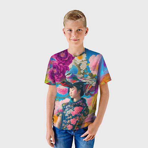 Детская футболка Девочка с птицами среди цветов - мскусство / 3D-принт – фото 3