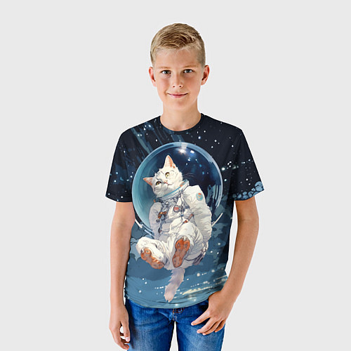 Детская футболка Белый кот космонавт в невесомости / 3D-принт – фото 3