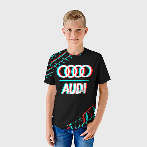 Детская футболка Значок Audi в стиле glitch на темном фоне / 3D-принт – фото 3