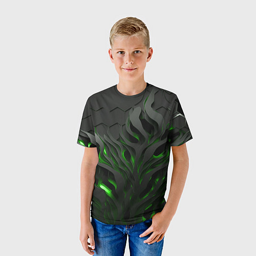 Детская футболка Объемные черные и зеленые линии / 3D-принт – фото 3