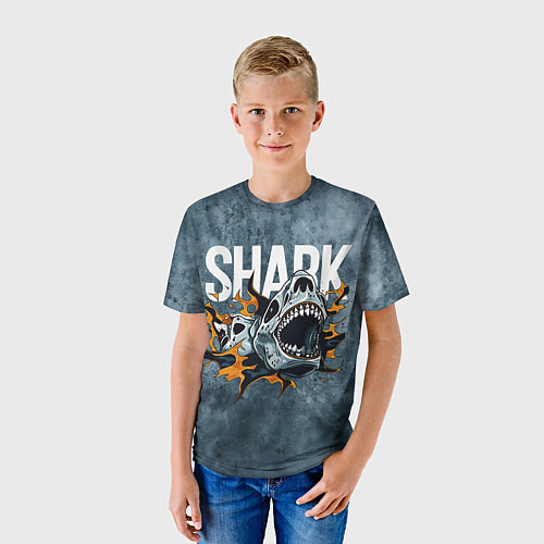 Детская футболка С акулой в стиле Арт на синем мраморе / 3D-принт – фото 3