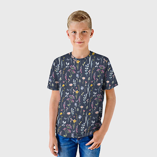 Детская футболка Акварельная цветочная полянка / 3D-принт – фото 3