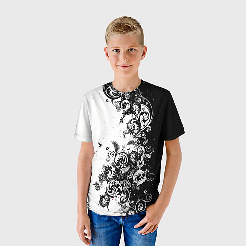 Детская футболка Черно-белая птица среди узорчатых цветов / 3D-принт – фото 3