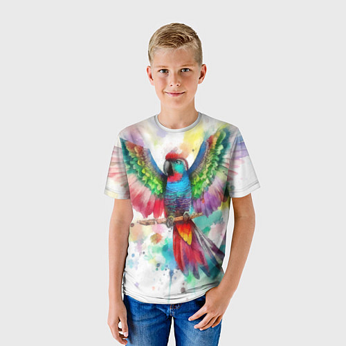 Детская футболка Разноцветный акварельный попугай с расправленными / 3D-принт – фото 3