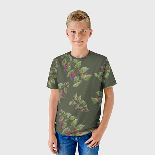 Детская футболка Ветки фуксии на зеленом фоне / 3D-принт – фото 3