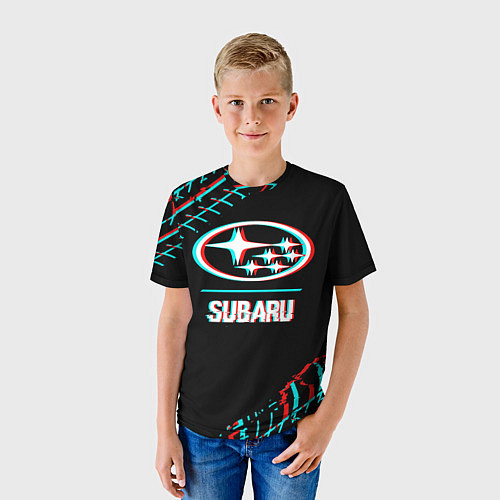 Детская футболка Значок Subaru в стиле glitch на темном фоне / 3D-принт – фото 3