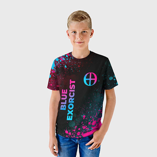 Детская футболка Blue Exorcist - neon gradient: надпись, символ / 3D-принт – фото 3
