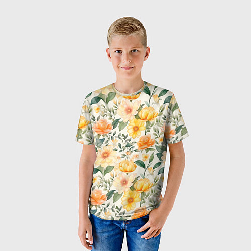 Детская футболка Желтые и розовые хризантемы и пионы на светлом фон / 3D-принт – фото 3