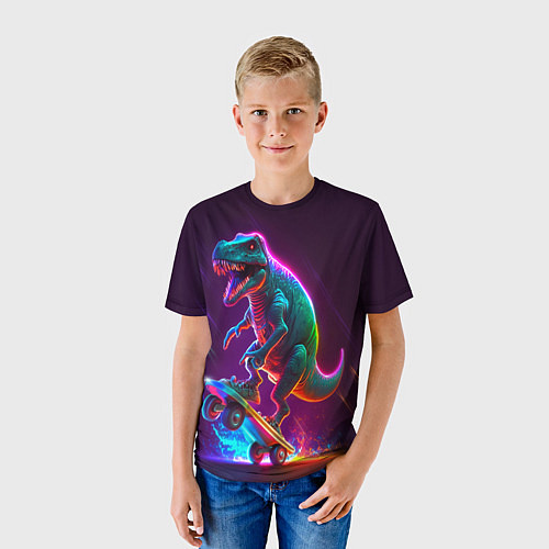 Детская футболка Тиранозавр в кроссовках на скейте - неон / 3D-принт – фото 3