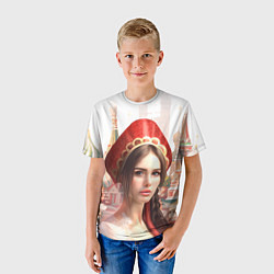 Футболка детская Девушка в кокошнике с косой - кремль, цвет: 3D-принт — фото 2