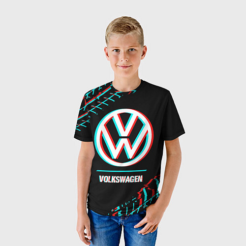 Детская футболка Значок Volkswagen в стиле glitch на темном фоне / 3D-принт – фото 3