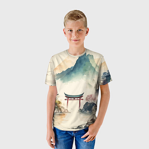 Детская футболка Японский пейзаж - акварель / 3D-принт – фото 3