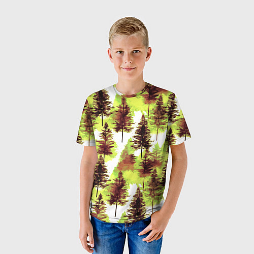 Детская футболка Хвойный лес - акварель в желтых тонах / 3D-принт – фото 3