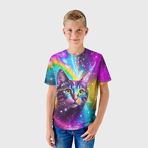 Детская футболка Полосатый кот с разноцветной звездной туманностью / 3D-принт – фото 3