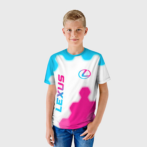 Детская футболка Lexus neon gradient style: надпись, символ / 3D-принт – фото 3