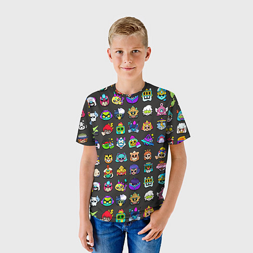 Детская футболка Значки на скины Бравл Старс Brawl Черный фон Пины / 3D-принт – фото 3