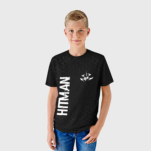 Детская футболка Hitman glitch на темном фоне: надпись, символ / 3D-принт – фото 3