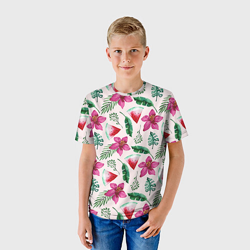 Детская футболка Арбузы, цветы и тропические листья / 3D-принт – фото 3