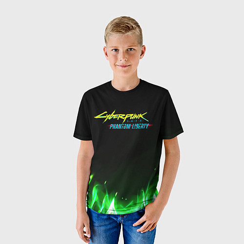 Детская футболка Cyberpunk 2077 phantom liberty green fire logo / 3D-принт – фото 3