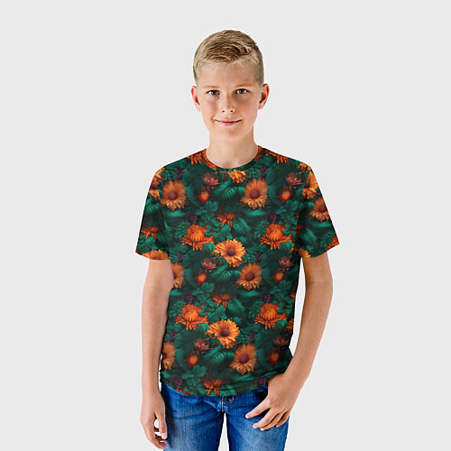 Детская футболка Оранжевые цветы и зеленые листья / 3D-принт – фото 3