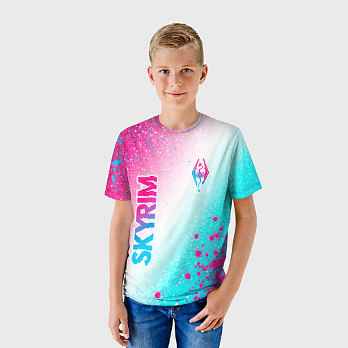 Детская футболка Skyrim neon gradient style: надпись, символ / 3D-принт – фото 3