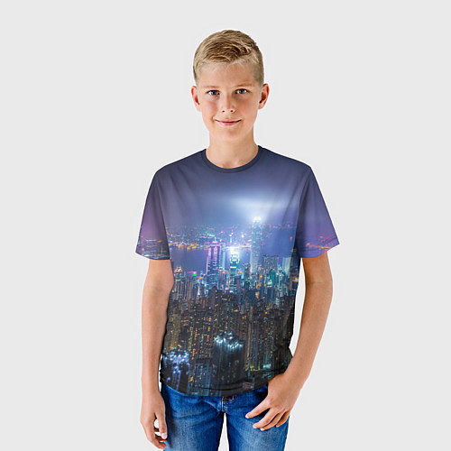 Детская футболка Большой город в розово-голубых огнях / 3D-принт – фото 3