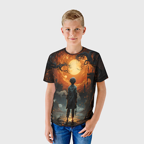 Детская футболка Мальчик смотрит на замок - нейросеть / 3D-принт – фото 3