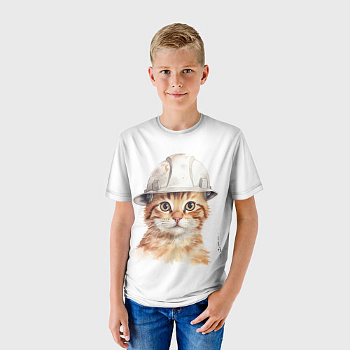 Детская футболка Акварельный кот-строитель / 3D-принт – фото 3
