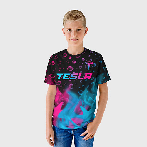 Детская футболка Tesla - neon gradient: символ сверху / 3D-принт – фото 3