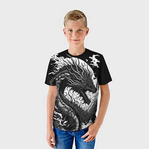 Детская футболка Черно-белый дракон и волны / 3D-принт – фото 3