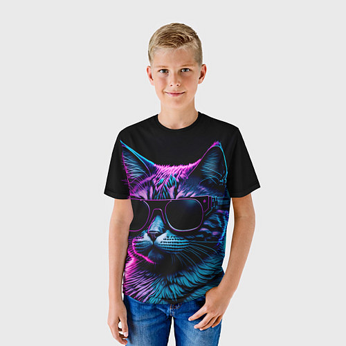 Детская футболка Неоновый котик в очках / 3D-принт – фото 3