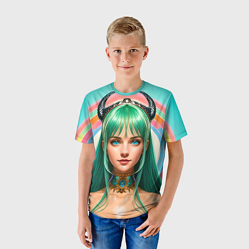 Детская футболка Девушка с зелёными волосами и рожками / 3D-принт – фото 3