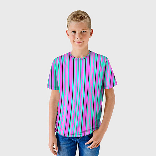 Детская футболка Розово-голубой неновый полосатый узор / 3D-принт – фото 3