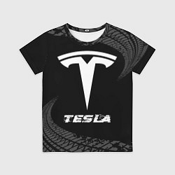 Футболка детская Tesla speed на темном фоне со следами шин, цвет: 3D-принт
