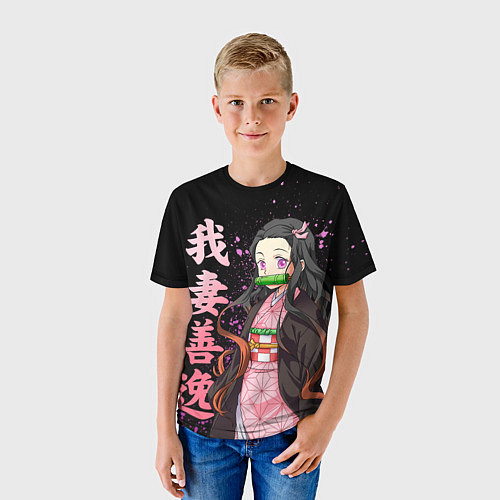 Детская футболка Незуко комадо и иероглифы - клинок / 3D-принт – фото 3