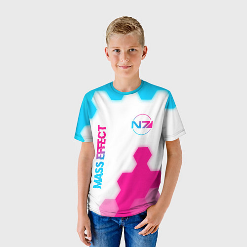Детская футболка Mass Effect neon gradient style: надпись, символ / 3D-принт – фото 3