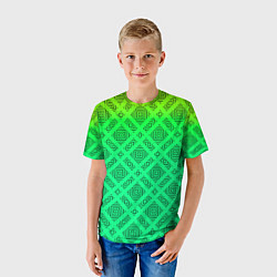 Футболка детская Желто-зеленый градиентный фон с геометрическим узо, цвет: 3D-принт — фото 2