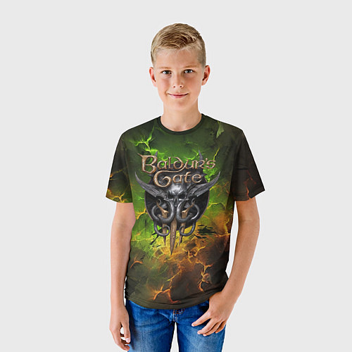 Детская футболка Baldurs Gate 3 logo dark green fire / 3D-принт – фото 3